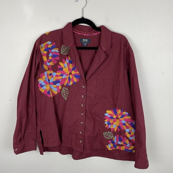 Anthropologie Maeve Embroidered Button Down Top Burgundy Size 12 Long Sleeve - Picture 1 of 6